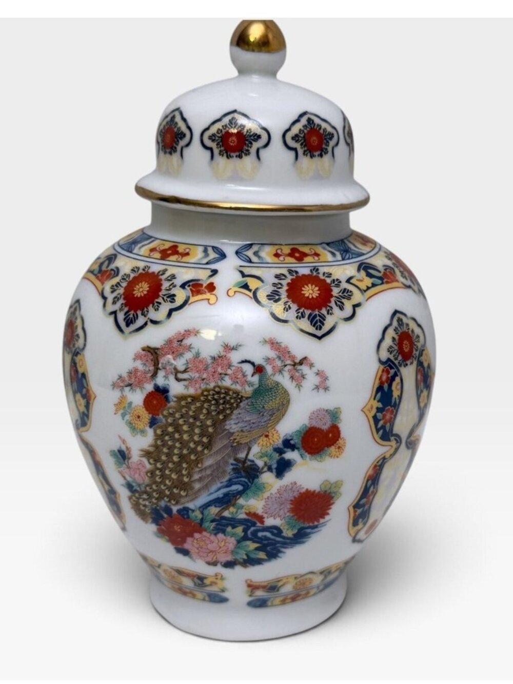 Vintage Japanese Ginger Jar Peacocks Flowers Gold Trim Porcelain Japan 6.25"